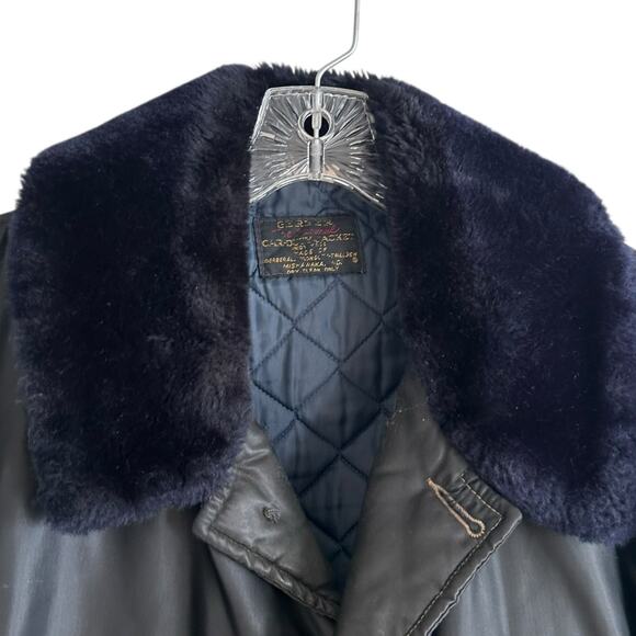 Vintage Black Twill Bomber Coat Mens Sz XL Nylon Faux Fur Collar Police Jacket - Picture 5 of 16